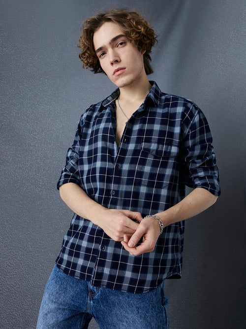 Men Premium Realxed Fit Cool Denim Look Cotton Navy Light Blue Checked Casual Shirt