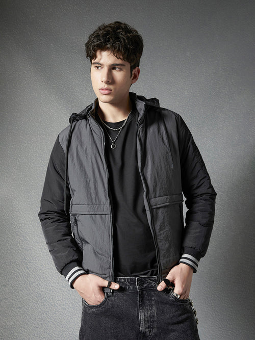 Men Regular Fit Solid Grey Hoodie Jacket