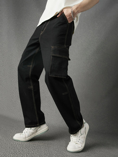 Men Premium Cotton Stretch Relax Fit Stylised Pocket Contrast Thread Denim Cargo