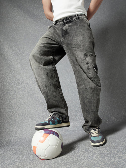 Men Premium Cotton Stretch Loose Fit Black Stylised Pocket Denim Cargo