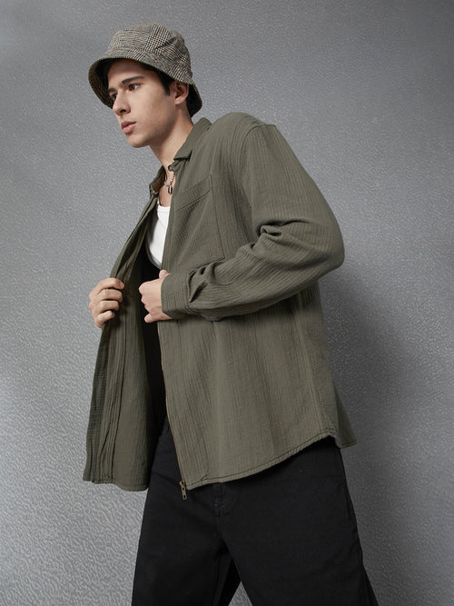 Men Relaxed Fit Full Zip Street Look Olive Textured Fabric Shacket