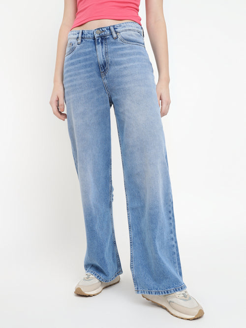 Women Wide Leg Cotton Stretch Heavy Washed High Waist Indigo Jeans