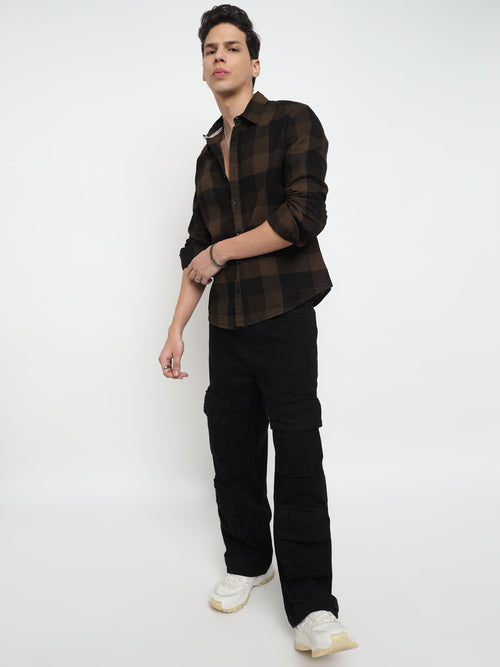 Men Regular Fit Waffle Structured Window Check Print Black Choco Brown Casual Shirt