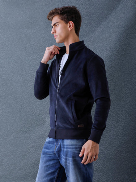 Men Regular Fit Navy High Neck Full Zip Sweatshirt