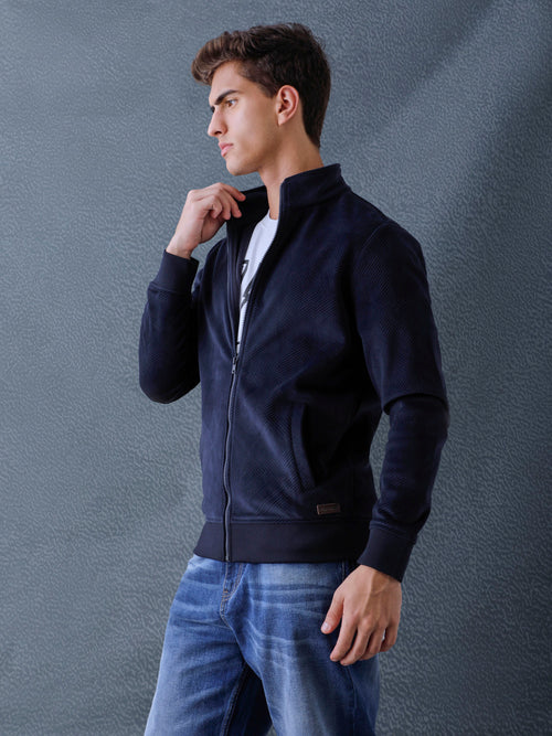 Men Regular Fit Navy High Neck Full Zip Sweatshirt