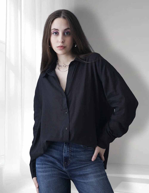 Thrust Relax Fit Street Vibe Cotton Black Long Sleeve Women Casual Shirt