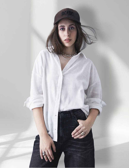Thrust Relax Fit Street Vibe Cotton White Long Sleeve Women Casual Shirt