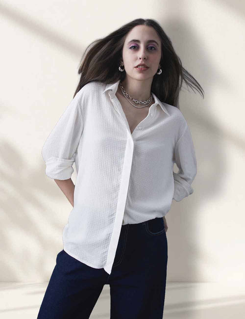Thrust Relax Fit Street Vibe Cotton Off White Long Sleeve Women Casual Shirt
