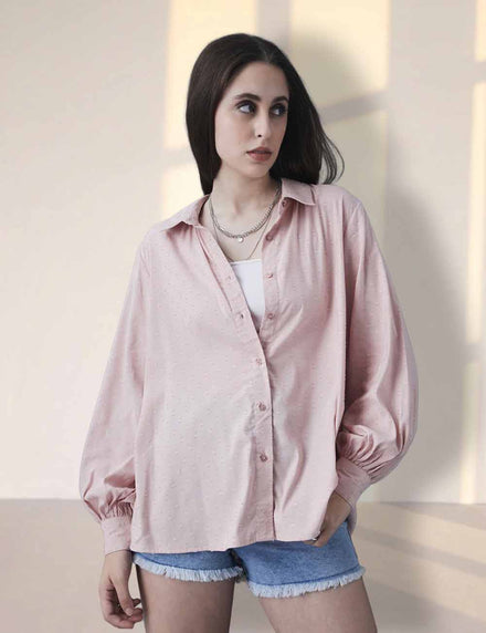 Women Relax Fit Premium Cotton Dobby Self Structured Light Pink Casual Shirt
