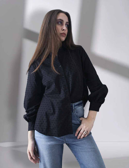 Women Relax fit premium cotton dobby self structured black casual shirt