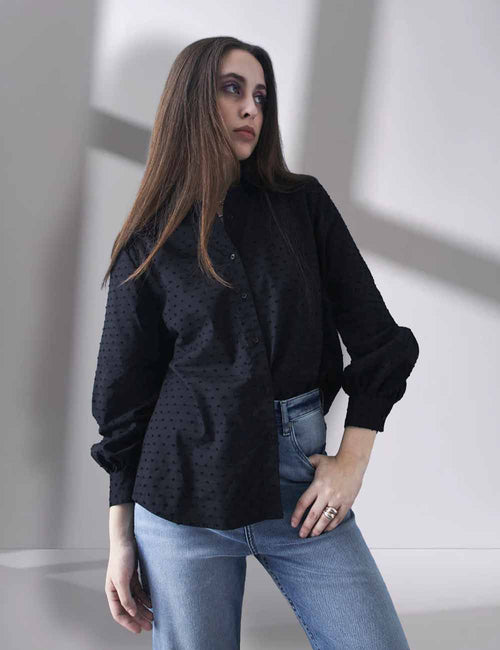 Women Relax fit premium cotton dobby self structured black casual shirt