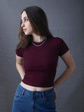 Women Premium Cotton Ribbed Slim Fit Maroon Crop Top
