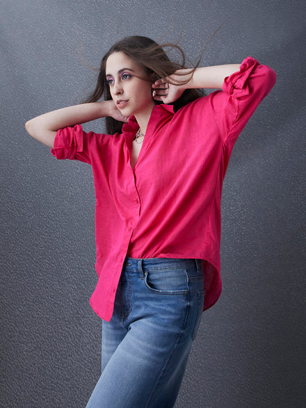 Thrust Relax Fit Street Vibe Cotton Pink Long Sleeve Women Casual Shirt