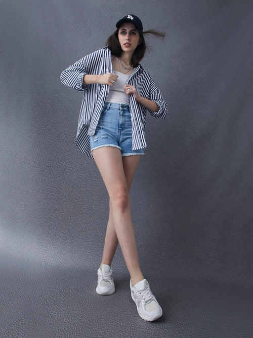 Hype Oversize Street Pulse Cotton Blue Long Sleeve Stripe Women Casual Shirt