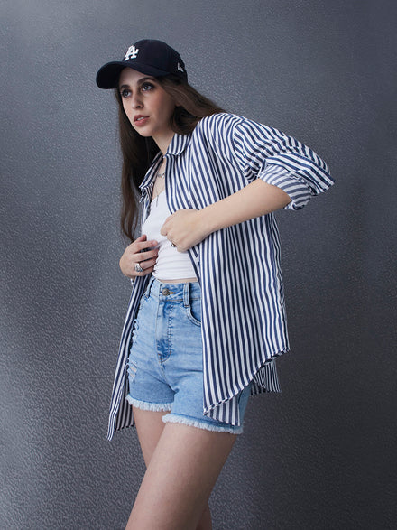 Hype Oversize Street Pulse Cotton Blue Long Sleeve Stripe Women Casual Shirt