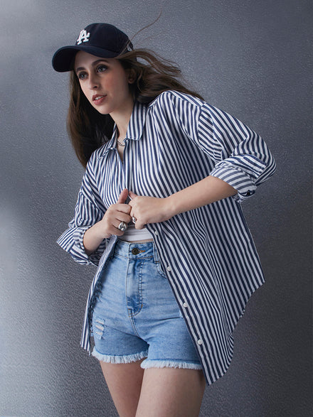 Hype Oversize Street Pulse Cotton Blue Long Sleeve Stripe Women Casual Shirt