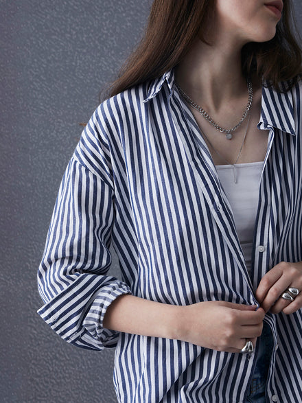 Hype Oversize Street Pulse Cotton Blue Long Sleeve Stripe Women Casual Shirt
