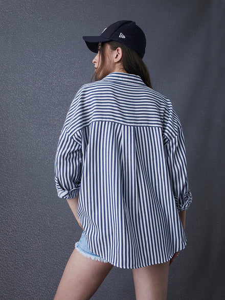 Hype Oversize Street Pulse Cotton Blue Long Sleeve Stripe Women Casual Shirt