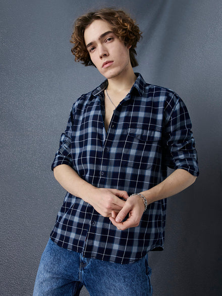Men Premium Realxed Fit Cool Denim Look Cotton Navy Light Blue Checked Casual Shirt