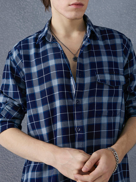 Men Premium Realxed Fit Cool Denim Look Cotton Navy Light Blue Checked Casual Shirt