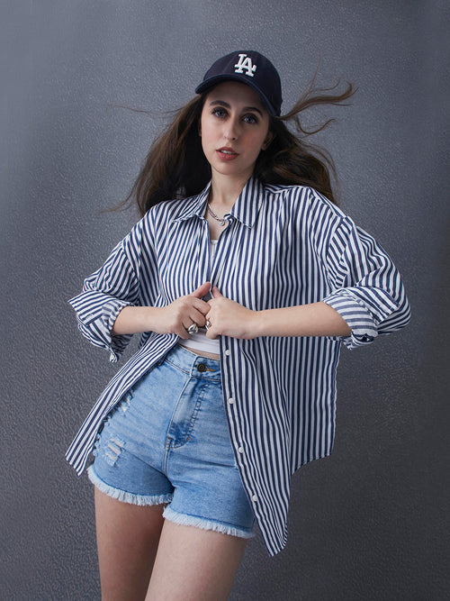 Hype Oversize Street Pulse Cotton Blue Long Sleeve Stripe Women Casual Shirt