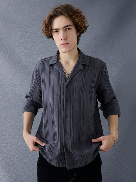 Men Premium Relaxed Fit Pleat Textured Dark Grey Cotton Stretch Casual Shirt