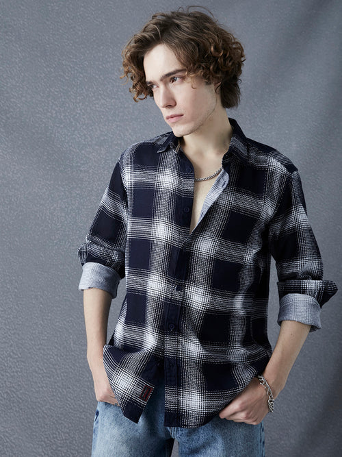 Men Premium Relaxed Fit Waffle Structured Cotton Blue White Check Printed Casual Shirt