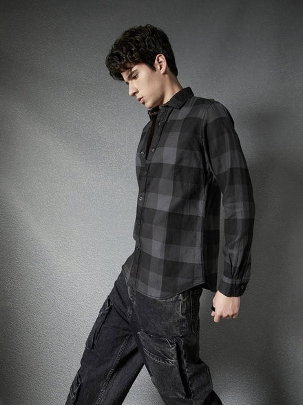 Men Regular Fit Waffle Structured Window Check Print Black Grey Casual Shirt