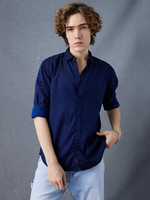 Men Relax Fit Premium Cotton With Blue Motiff Printed Casual Shirt