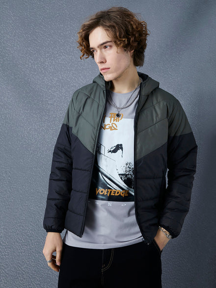 Men Regular Fit Classic Fusion Olive And Black Zipped Hoodie Full Sleeve Jacket
