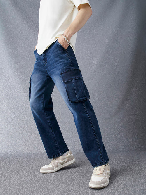 Men Premium Cotton Stretch Dark Indigo Straight Fit Denim Cargo