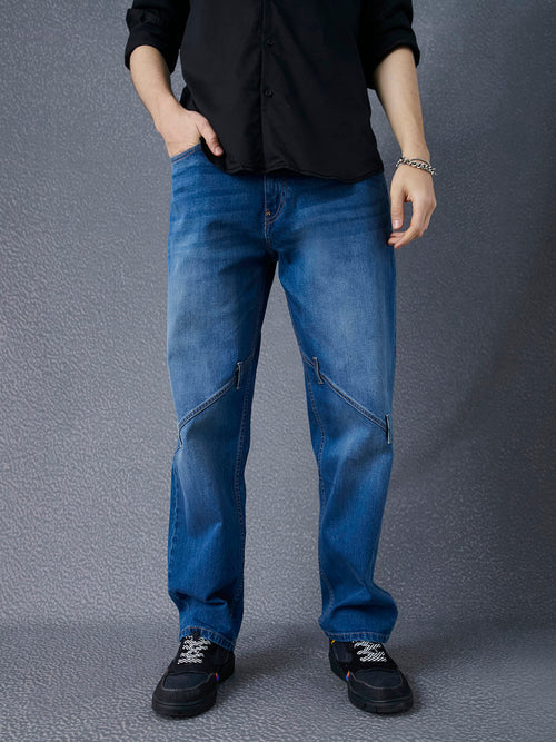 Men Premium Cotton Stretch Indigo Loose Fit Stylised Panel Stitched Jeans