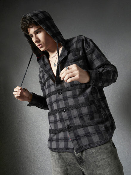 Men Relax Fit Textured Grey Black Hoodie Shacket – Voltedge