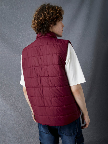 Men Regular Fit Maroon Sleeveless Jacket
