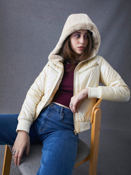 Women Premium Ecru Full Sleeve Hoodie Jacket With Faux Fur