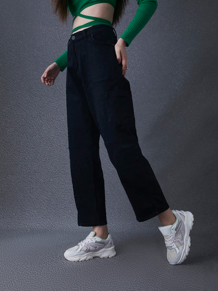 Women Premium Relax Fit High Waist Multi Pocket Stylised Cotton Stretch Black Denim Cargo