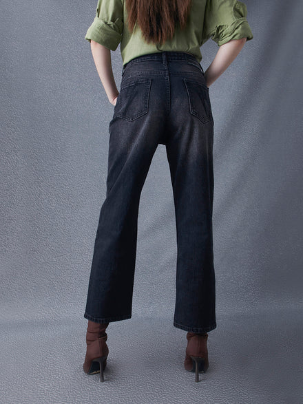 Women Premium Cotton Stretch Baggy Fit High Waist Black Jeans