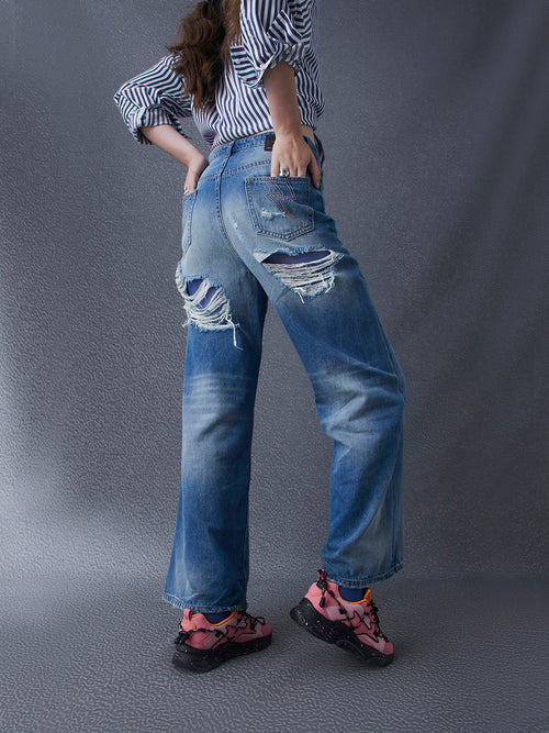 Women Wide leg High Waist Cotton Indigo Jeans