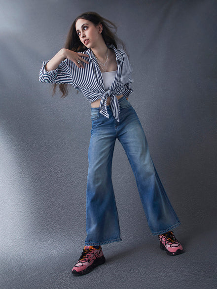 Women Wideleg High Waist Cotton Indigo Jeans
