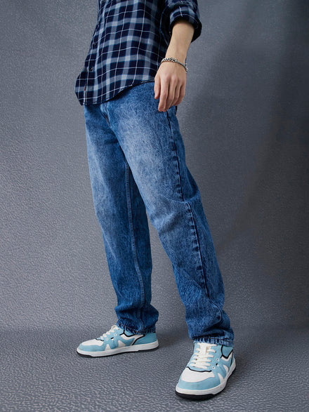 Men Straight Fit Heavy Washed Cotton Indigo Jeans
