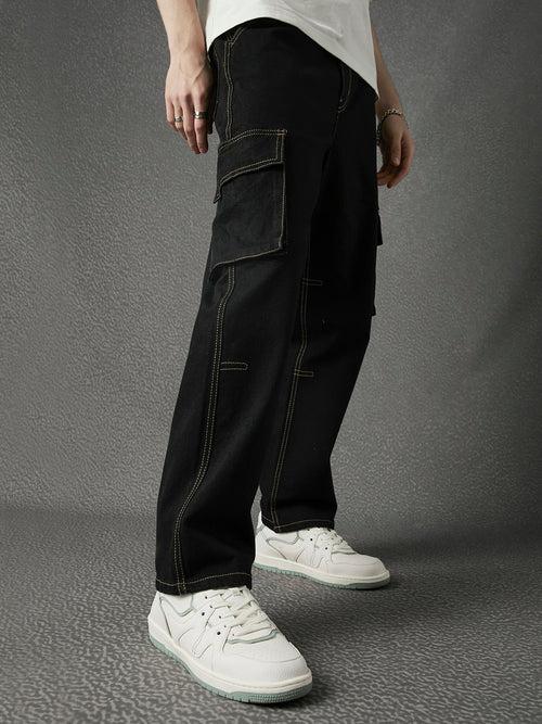 Men Premium Cotton Stretch Relax Fit Stylised Pocket Contrast Thread Denim Cargo