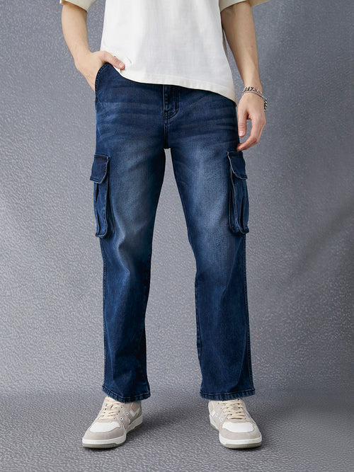 Men Premium Cotton Stretch Dark Indigo Straight Fit Denim Cargo