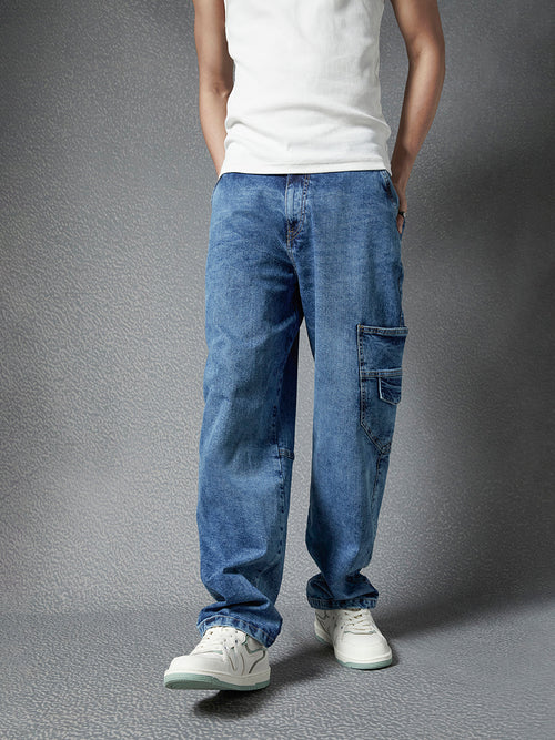 Men Premium Cotton Stretch Indigo Loose Fit Stylised Pocket Denim Cargo