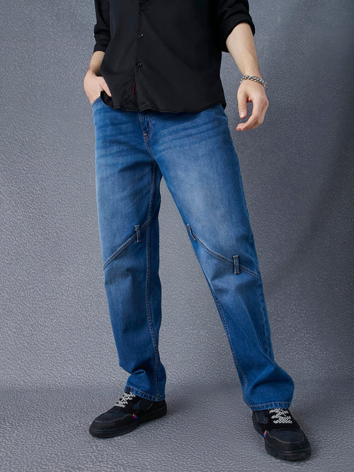 Men Premium Cotton Stretch Indigo Loose Fit Stylised Panel Stitched Jeans