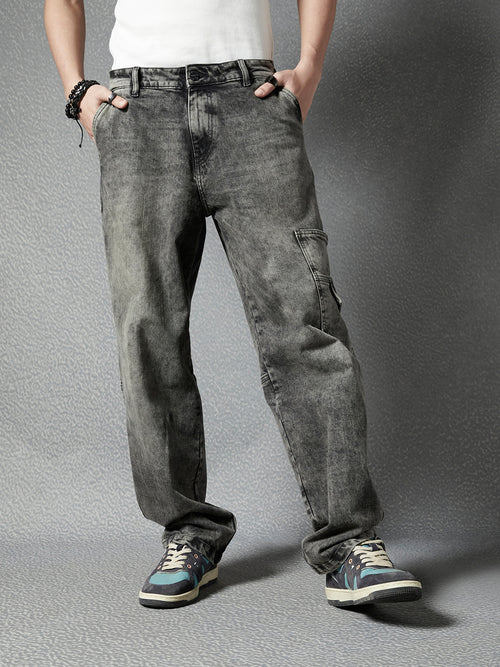 Men Premium Cotton Stretch Loose Fit Black Stylised Pocket Denim Cargo