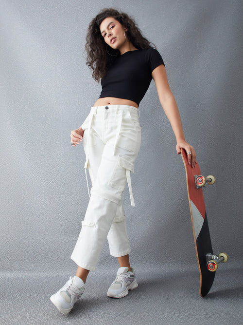 Voltedge Women Solid Cotton Loose Fit Detachable Jeans