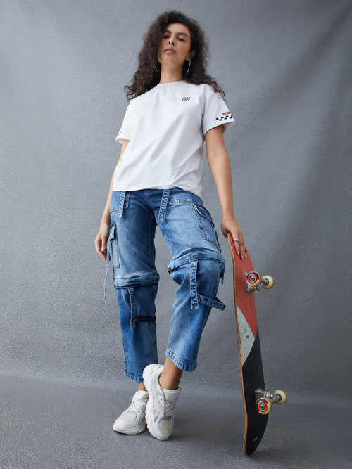 Voltedge Women Solid Cotton Loose Fit Detachable Jeans