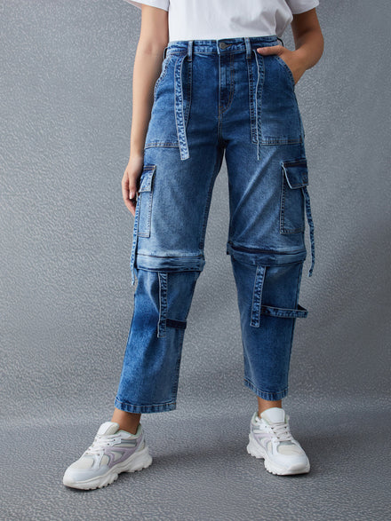Voltedge Women Solid Cotton Loose Fit Detachable Jeans
