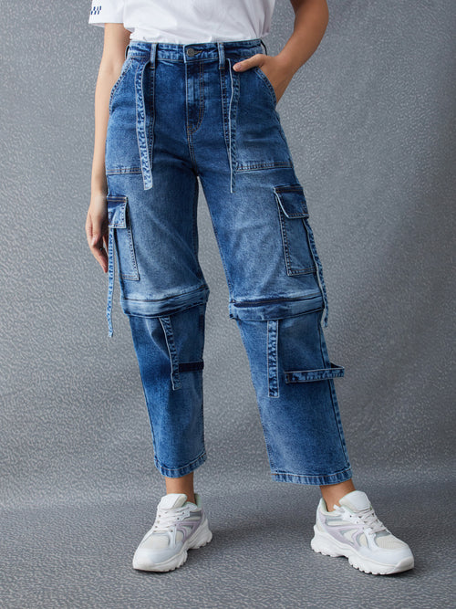 Voltedge Women Solid Cotton Loose Fit Detachable Jeans