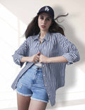 Hype Oversize Street Pulse Cotton Blue Long Sleeve Stripe Women Casual Shirt